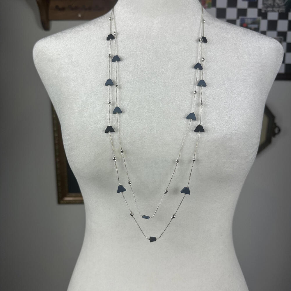 Christopher & Banks Silver‎ Tone Layered Long Necklace with Blue Accents